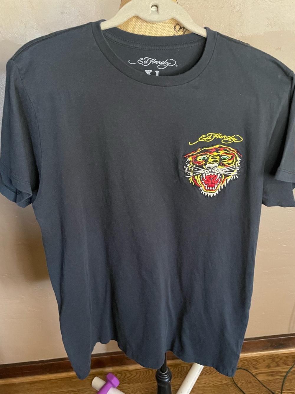 Ed Hardy Black Short-Sleeve Tee with Colorful Tiger Pocket Graphic
